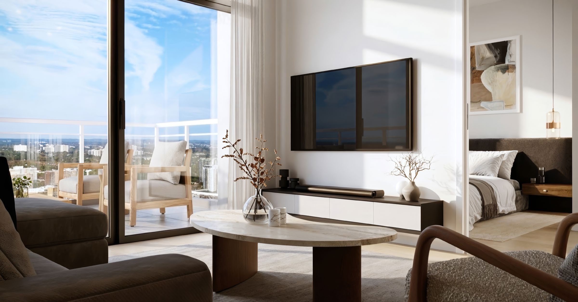 Artist's concept of a Merrydale Residences suite interior with a bright living area, balcony and adjoining bedroom
