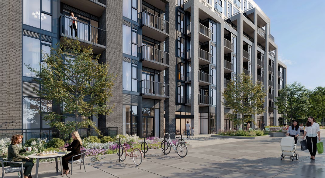 Artist's concept of the Merrydale Residences streetscape at Thornhill Walk with landscaped walkways, bike parking and ground-floor retail