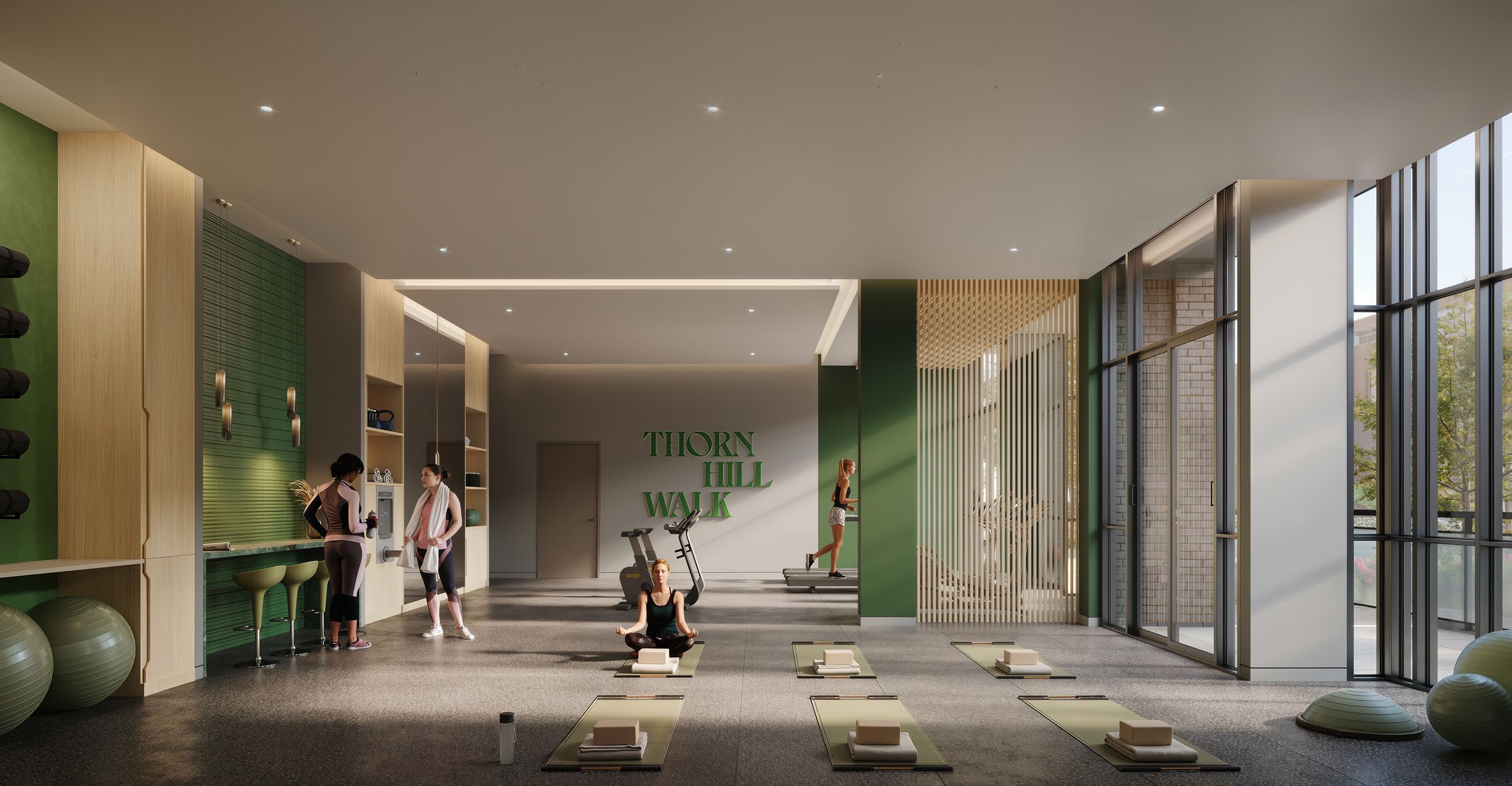 Artist's concept of the Merrydale Residences fitness centre with treadmills, weights and yoga mats